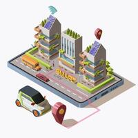 isometrisch Clever Stadt mit Auto, Straße, Menschen, Grün Öko freundlich modern Gebäude und Transport auf Clever Telefon. Geschäft Center mit Solar- Paneele auf Dach. 3d Illustration. vektor