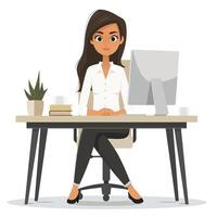 företag flicka sittplatser på dator skrivbord vektor