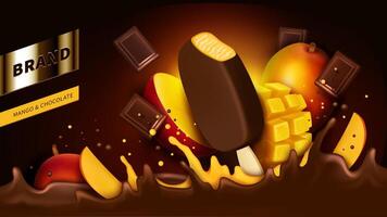 Schokolade Eis am Stiel, Bar Stücke und Mango Scheibe fallen in Flüssigkeit Krone Spritzen realistisch Illustration. spotten oben Verpackung oder Anzeige Banner zum Schokolade Obst Geschmack Eis vektor