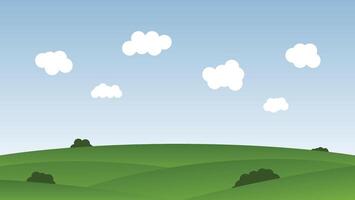 landskap tecknad serie scen. grön kulle med vit moln och blå himmel bakgrund vektor
