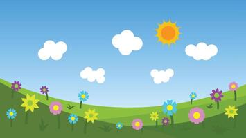 landskap tecknad serie scen. färgrik blomma på grön fält med Sol och vit moln på blå himmel bakgrund vektor