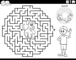 labyrint spel med tecknad serie tonåring pojke och hans valp färg sida vektor
