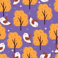 sömlös mönster tecknad serie fågel med träd och löv. söt djur- tapet illustration för gåva slå in papper vektor