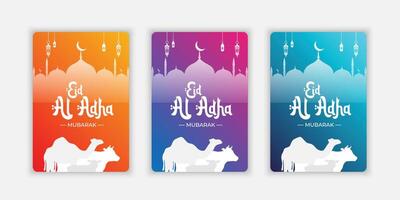 eid al Adha uppsättning samling bakgrund lutning med kamel, get och ko silhuett vektor