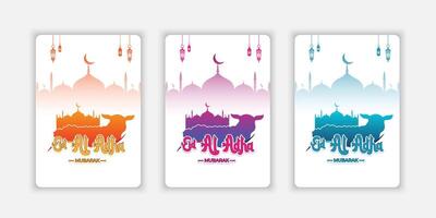 eid al-fitr mubarak. samling av hälsning kort med offer- lamm i färgrik färger och moské silhuetter på en vit bakgrund. eid al-fitr och eid al-adha teman. vektor
