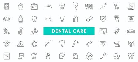 Dental Pflege Linie Symbol Satz. Zahnheilkunde, medizinisch, implantieren, Zahnspange, Zahnarzt, Zahnschmerzen, Aligner, Furniere, Zahn Gliederung Symbole Sammlung. dünn Gliederung Symbole Pack. vektor