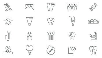 Dental Pflege Linie Symbol Satz. Zahnheilkunde, medizinisch, implantieren, Zahnspange, Zahnarzt, Zahnschmerzen, Aligner, Furniere, Zahn Gliederung Symbole Sammlung. dünn Gliederung Symbole Pack. vektor