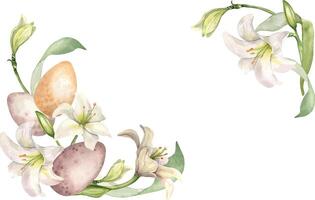 Blumen- Rahmen mit Ostern Eier und Weiß Blumen. Lilie und Knospen Aquarell Banner isoliert auf Weiß. Lilium botanisch Kunst Hand gezeichnet. Design zum Einladung, Christentum Urlaub, Ostern Dekoration vektor