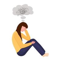 ledsen, olycklig ung kvinna Sammanträde med dålig tankar isolerat på vit bakgrund. psykologi, depression, emotionell påfrestning. platt illustration. vektor