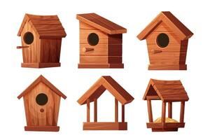 uppsättning trä- fågel matare och fågel hus med tak, hål och frön isolerat på vit bakgrund. hängande konstruktion, fågel vård. vektor