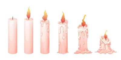 einstellen Wachs Kerze Stufen Verbrennung mit Feuer, Flamme im Karikatur Stil isoliert auf Weiß Hintergrund. Animation Objekte vektor