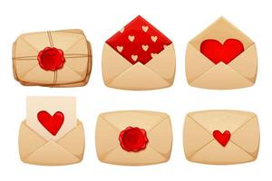 einstellen romantisch Umschlag, Liebe Brief mit Wachs Siegel Herz gestalten Seil Valentinsgrüße Tag Urlaub isoliert auf Weiß Hintergrund. vektor