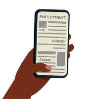 Afroamerikan hand innehav smartphone med sysselsättning, jobb Sök app, webb sida isolerat på vit bakgrund stock illustration vektor