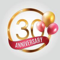 mall guld logotyp 30-årsjubileum med band och ballonger vektorillustration vektor