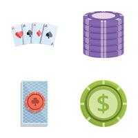 hasardspel ikoner uppsättning tecknad serie . kasino poker kort och pommes frites vektor