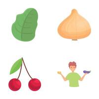 friska äter ikoner uppsättning tecknad serie . man äter frukt och vegetabiliska vektor