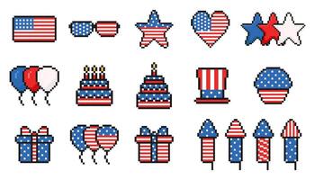 USA oberoende dag pixel ikon uppsättning, årgång, 8 bit, 80-tal, 90s spel stil, 4:e av juli, patriotisk element, USA flagga, solglasögon, stjärna, hjärta, ballonger, kaka, cupcake, muffin, hatt, gåva låda, fyrverkeri vektor