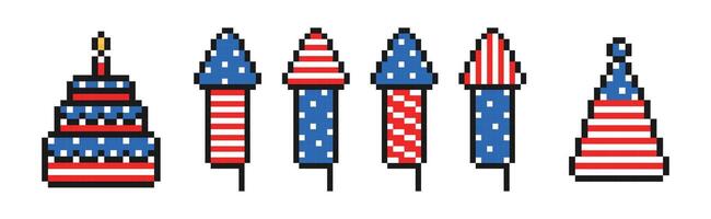 USA oberoende dag pixel ikon uppsättning, årgång, 8 bit, 80-tal, 90s spel stil, 4:e av juli, patriotisk element, USA flagga, kaka, fyrverkeri, hatt vektor