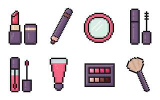 Kosmetika Pixel Kunst Symbol Satz, Mädchen Zubehör, 80er, 90er Jahre Arkade Spiel Stil, Lippenstift, Auge Bleistift, Spiegel, Maskara, Lippe Balsam, Lidschatten Palette, Bürste, Elemente zum Spiel, App und Mehr vektor