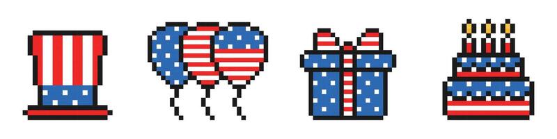 oss oberoende dag pixel ikon uppsättning, årgång, 8 bit, 80-tal, 90s spel stil, 4:e av juli, patriotisk element, USA flagga, hatt, ballonger, närvarande, kaka vektor