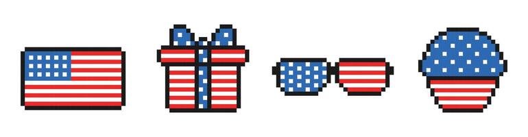 oss oberoende dag pixel ikon uppsättning, årgång, 8 bit, 80-tal, 90s spel stil, 4:e av juli, patriotisk element, USA flagga, gåva, solglasögon, muffin, muffin vektor