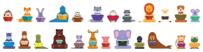 Tiere lesen Fee Erzählungen . ein Gruppe von Karikatur Tiere sind lesen Bücher vektor