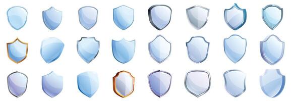 glas skydda skydda . en samling av blå och silver- sköldar vektor