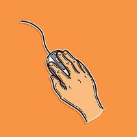 isolerat hand med mus. dator mus för bärbar dator eller st. mus med knappar och skrolla hjul. pekande enhet. isolerat i ett orange bakgrund illustration design. hand och dator mus vektor