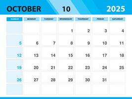 oktober 2025 mall, kalender 2025 mall , planerare en gång i månaden design, skrivbord kalender 2025, vägg kalender design, minimal stil, annons, affisch, utskrift media, grön bakgrund begrepp vektor