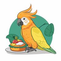 kakadua papegoja Sammanträde på brunch. färgrik exotisk fågel med orange vapen i tecknad serie stil illustration på vit bakgrund. vektor