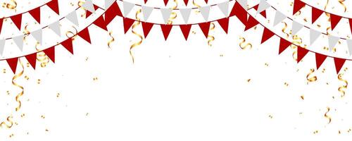 Rot, Weiß Girlande Flagge und Gold Konfetti Dekoration Rahmen Banner Feier Party, Urlaub vektor