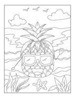 Sommer- Färbung Buch zum Kinder und Erwachsene, ein Ananas ist auf ein Strand, Ananas Gliederung Färbung Buch vektor