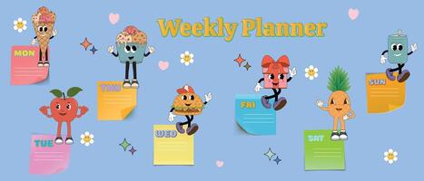 varje vecka eller dagligen barn planerare för dagligen planer, schema med tecknad serie tecken i häftig stil. tryckbar sida mall. vektor