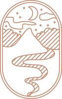 Natur braun Gliederung Boho Logo. Nacht Berg, Fluss, Mond, Landschaft ästhetisch Symbol. vektor