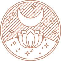 mystisch braun Boho Logo. Nacht Lotus mit Mond und Sterne im das Himmel runden gestalten ästhetisch Symbol. vektor