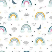 Nahtlose Muster Regenbogen und Wolken auf weißem Hintergrund handgezeichnetes Design im Cartoon-Stil, Verwendung für Druck, Tapete, Stoff, Textilmode. Vektor-Illustration vektor