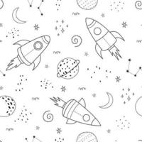 Nahtloser Musterraumhintergrund enthält Planeten und Raketen. handgezeichnetes Design im Doodle-Stil für Druck, Tapeten, Modetextilien, Vektorgrafiken. vektor