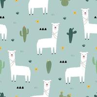 sömlöst mönster med lama med kaktus söt tecknad bakgrund handritad i barnstil för tyger, textilier, tapeter vektor