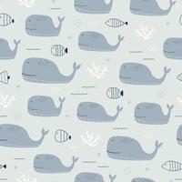 Wal und Korallen im Meer nahtlose Muster niedlichen Cartoon Tier Hintergrund handgezeichnet im kindischen Stil Design verwendet für Druck, Tapete, Stoff, Mode Textilien, Vektor-Illustration vektor