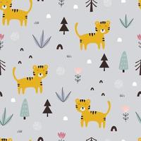 Nahtloser Musterkarikatur-Tierhintergrund mit Tigern und Bäumen handgezeichnete Designs im Kinderstil für Druck, Tapete, Stoff, Textilmode, Vektorillustration vektor