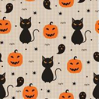 Halloween nahtloses Muster mit schwarzer Katze und Geisterkürbis handgezeichneter Cartoon-Hintergrund im Kinderstil, der für Druck, Tapeten, Textilien, Modevektorillustration verwendet wird vektor