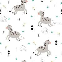 sömlöst mönster tecknad djurbakgrund med zebra och blommor handritad design i barnstil som används för tyger, textilier, tapeter vektorillustration vektor