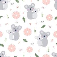 sömlöst mönster tecknad djurbakgrund med koala och blommor handritad vektordesign i barnstil som används för tryck, tapeter, tyg, textil. vektor