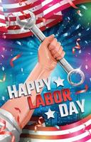 Happy Labor Day Poster-Konzept mit Arbeiterhand, die einen Schraubenschlüssel hält vektor