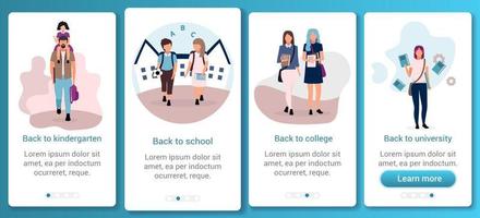 Schüler und Schüler beim Onboarding der mobilen App-Bildschirmvorlage. zurück zur Schule, Hochschule, Kindergarten, Universität. Website-Schritte mit flachen Zeichen. ux, ui, gui Smartphone-Cartoon-Schnittstelle vektor