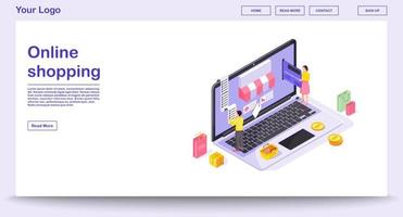 online shopping webbsida vektor mall med isometrisk illustration. webbgränssnitt, design av mobilappar. e-betalning. klädbutik webbplats 3d koncept. digital köpinfografik