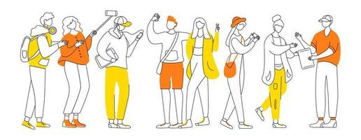 Millennials flache Kontur Vektor-Illustration. Jugendkultur. stilvolle Jungs, Mädchen. jugendlich Männer, Frauen isolierten Karikaturumrissfiguren auf weißem Hintergrund. jugendliche fröhliche Freunde einfache Zeichnung vektor