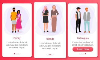 zwischenmenschliche Beziehungen Onboarding-Bildschirmvorlage für mobile Apps. Rasse und ethnische Beziehungen. multikulturelle Familie, Freunde, Kollegen. Website-Schritte mit flachen Zeichen. ux, ui, GUI-Schnittstelle vektor