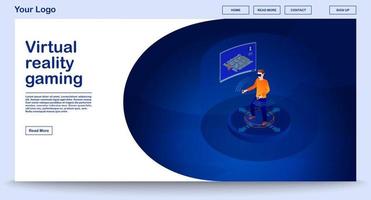vr gaming webbsida vektor mall med isometrisk illustration. webbgränssnittsdesign. futuristisk digital teknik. person som spelar 3d-koncept. virtuell verklighetsspelare, spelare. web banner idé