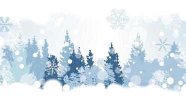 Weihnachtsschneeflocken im Hintergrund mit einer Silhouette von Bäumen. Vektor-Illustration.